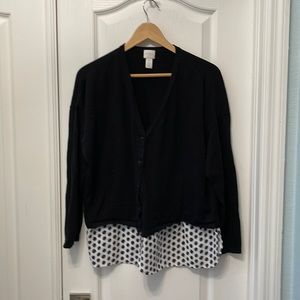Chico’s black cardigan with white /black polka dots “fake” shirt hem, very cute